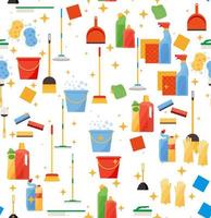 Assorted cleaning items set with brooms, bucket, mops, spray, brushes, sponges. Seamless pattern vector