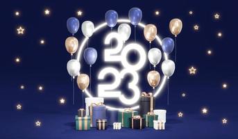 3D Rendering of 2023 number happy new year with gift on background banner. 3D Render illustration. photo