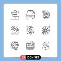 9 User Interface Outline Pack of modern Signs and Symbols of solution retail hand watch play fun Editable Vector Design Elements