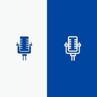 micrófono línea de canción de grabación multimedia y glifo icono sólido banner azul vector