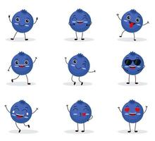 Cute happy blueberry character. Funny fruit emoticon in flat style. vector