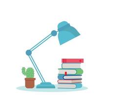 Table lamp and Stack of books flat design vector illustration on white background