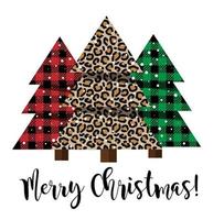 Festive Christmas tree card in pattern at Buffalo Plaid and leopard pattern. vector