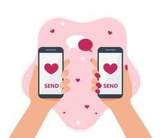 SMARTPHONE IN HAND ON THE SCREEN WITH A HEART FOR SAINT VALENTINE'S DAY vector