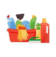 Assorted cleaning items set with brooms, bucket, mops, spray, brushes, sponges. Cleaning accessories flat style. vector