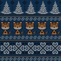 Knitted Christmas and New Year pattern in Tiger. Wool Knitting Sweater Design. Wallpaper wrapping paper textile print. vector