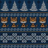 Knitted Christmas and New Year pattern in Tiger. Wool Knitting Sweater Design. Wallpaper wrapping paper textile print. vector