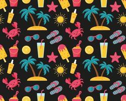 Seamless summer beach pattern in umbrella, glasses, sun, lemonade, crab, palm vector