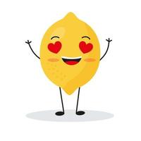 Cute happy lemon character. Funny fruit emoticon in flat style. vector