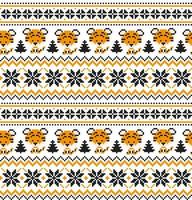 Knitted Christmas and New Year pattern in Tiger. Wool Knitting Sweater Design. Wallpaper wrapping paper textile print. vector