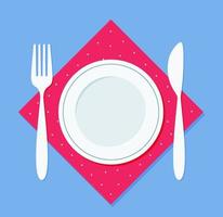 A plate, with a fork and a knife on a napkin. Vector illustration in flat style