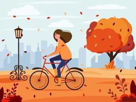 Autumn landscape. The girl rides a bike. Autumn background. Vector illustration in flat style.