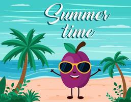 divertido fondo de playa de verano con carácter de fruta de ciruela. estilo de dibujos animados postal de horario de verano vector