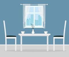 Dining table in kitchen with chairs, cups. Window with curtain. Flat cartoon style vector illustration.