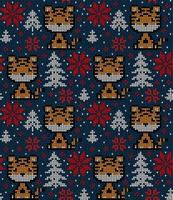 Knitted Christmas and New Year pattern in Tiger. Wool Knitting Sweater Design. Wallpaper wrapping paper textile print. vector