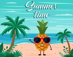 divertido fondo de playa de verano con carácter de fruta de piña. estilo de dibujos animados postal de horario de verano vector
