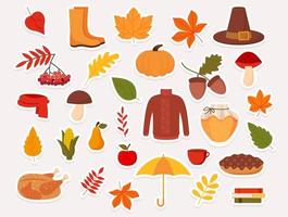 Set of cute vector stickers autumn elements. Flat style.