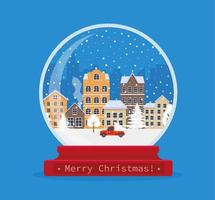 Christmas snow globe with winter landscape city inside. Merry Christmas. Celebrating new year and christmas. Vector illustration in flat style