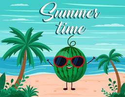 funny summer beach background with watermelon fruit character. Cartoon style. Summer time postcard vector