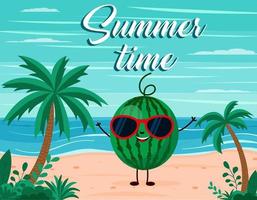 funny summer beach background with watermelon fruit character. Cartoon style. Summer time postcard vector