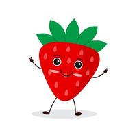Cute happy strawberry character. Funny fruit emoticon in flat style. vector