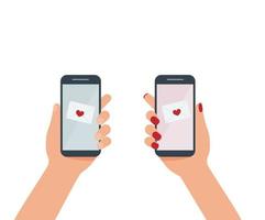 teléfono inteligente en la mano en la pantalla con un corazón para el día de san valentín vector