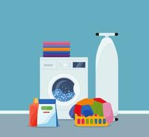 Laundry room interior with washing machine, ironer, iron, clothes and cleaning products. vector