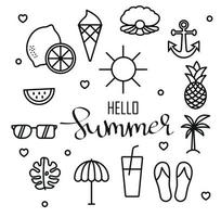 Hello Summer vector illustration, background. Fun quote hipster design logo or label. Hand lettering inspirational typography poster, banner.