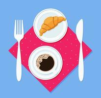 Breakfast croissant on a plate, with a fork and knife and a cup of coffee on a napkin. Vector illustration in flat style