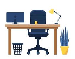 lugar de trabajo en la oficina. gabinete con espacio de trabajo con mesa y computadora. ilustración de concepto, vector de estilo plano. eps 10