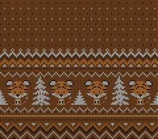 Knitted Christmas and New Year pattern in Tiger. Wool Knitting Sweater Design. Wallpaper wrapping paper textile print. vector