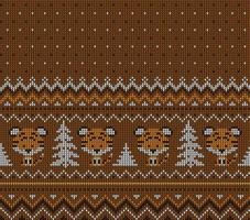 Knitted Christmas and New Year pattern in Tiger. Wool Knitting Sweater Design. Wallpaper wrapping paper textile print. vector