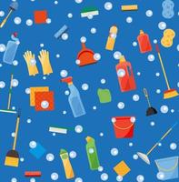 Assorted cleaning items set with brooms, bucket, mops, spray, brushes, sponges. Seamless pattern vector