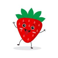 Cute happy strawberry character. Funny fruit emoticon in flat style. vector