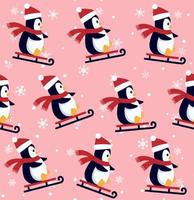 Penguins seamless pattern. Cute baby penguins in winter clothing and hats, christmas arctic animal, kids textile or wallpaper vector texture.