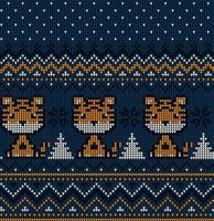 Knitted Christmas and New Year pattern in Tiger. Wool Knitting Sweater Design. Wallpaper wrapping paper textile print. vector