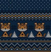 Knitted Christmas and New Year pattern in Tiger. Wool Knitting Sweater Design. Wallpaper wrapping paper textile print. vector