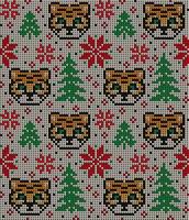 Knitted Christmas and New Year pattern in Tiger. Wool Knitting Sweater Design. Wallpaper wrapping paper textile print. vector