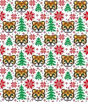 Knitted Christmas and New Year pattern in Tiger. Wool Knitting Sweater Design. Wallpaper wrapping paper textile print. vector