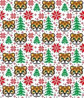 Knitted Christmas and New Year pattern in Tiger. Wool Knitting Sweater Design. Wallpaper wrapping paper textile print. vector