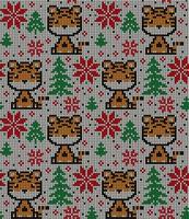 Knitted Christmas and New Year pattern in Tiger. Wool Knitting Sweater Design. Wallpaper wrapping paper textile print. vector
