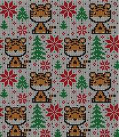 Knitted Christmas and New Year pattern in Tiger. Wool Knitting Sweater Design. Wallpaper wrapping paper textile print. vector