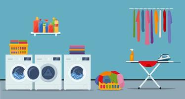 Lavadero interior con lavadora, plancha, plancha, ropa y productos de limpieza. vector