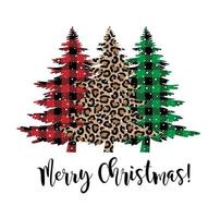 Festive Christmas tree card in pattern at Buffalo Plaid and leopard pattern. vector