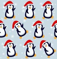 Penguins seamless pattern. Cute baby penguins in winter clothing and hats, christmas arctic animal, kids textile or wallpaper vector texture.