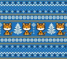 Knitted Christmas and New Year pattern in Tiger. Wool Knitting Sweater Design. Wallpaper wrapping paper textile print. vector