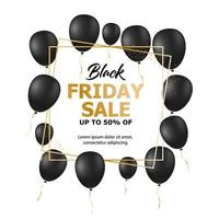 Black Friday Sale Poster with Shiny Balloons on White Background with Square Frame. Vector illustration.