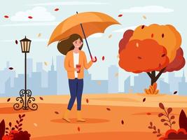 Autumn landscape. The girl goes under an umbrella. Autumn background. Vector illustration in flat style.
