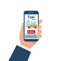 Taxi mobile app template. Smartphone with city yellow car. Online mobile application order taxi service. Vector illustration for taxi service