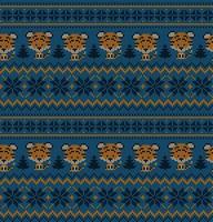 Knitted Christmas and New Year pattern in Tiger. Wool Knitting Sweater Design. Wallpaper wrapping paper textile print. vector